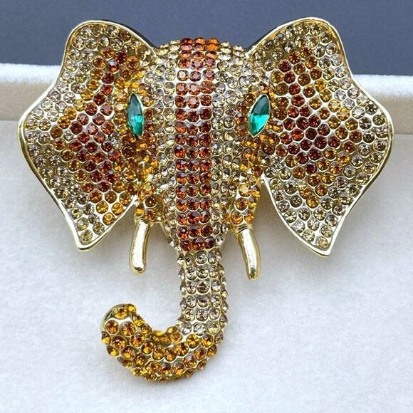 Yellow Gold with Champagne Topaz Crystal Tusked Elephant Pin Back Brooch - Picture 7 of 9